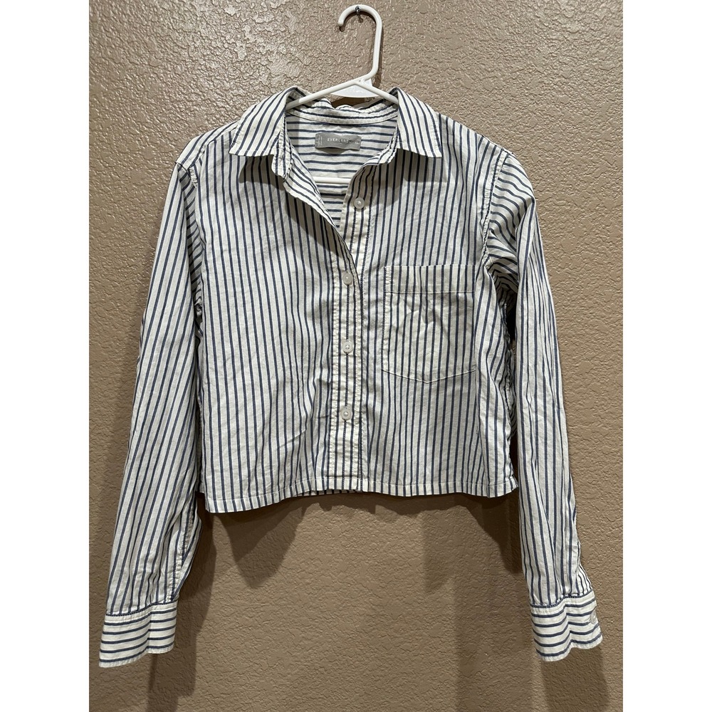 Everlane Womens Blue White Striped Cropped Cotton Button Down Shirt XS